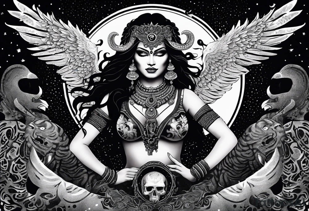 black kali, goddess pirate, alien, angel, pachamama, valkrye, warrior, flying, skull, lotus azul, wing, eagle, zenza resonance, stars, 5D, anahata chakra, death, durga, riding on a tiger, flying lady, kundalini, chest tatoo, samuri, rebel, serpent tattoo idea