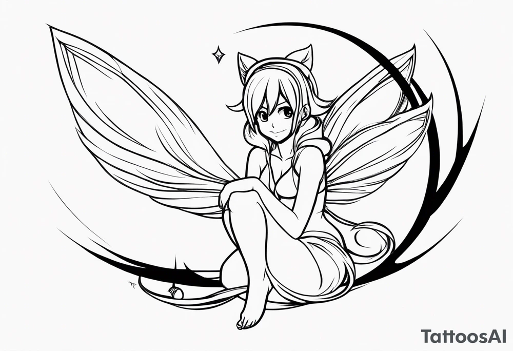 No color fairy with a tail inspired by the logo of the anime show called Fairy Tail in a fetal position leaning in and forward while in the air floating with no background tattoo idea
