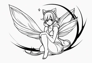 No color fairy with a tail inspired by the logo of the anime show called Fairy Tail in a fetal position leaning in and forward while in the air floating with no background tattoo idea