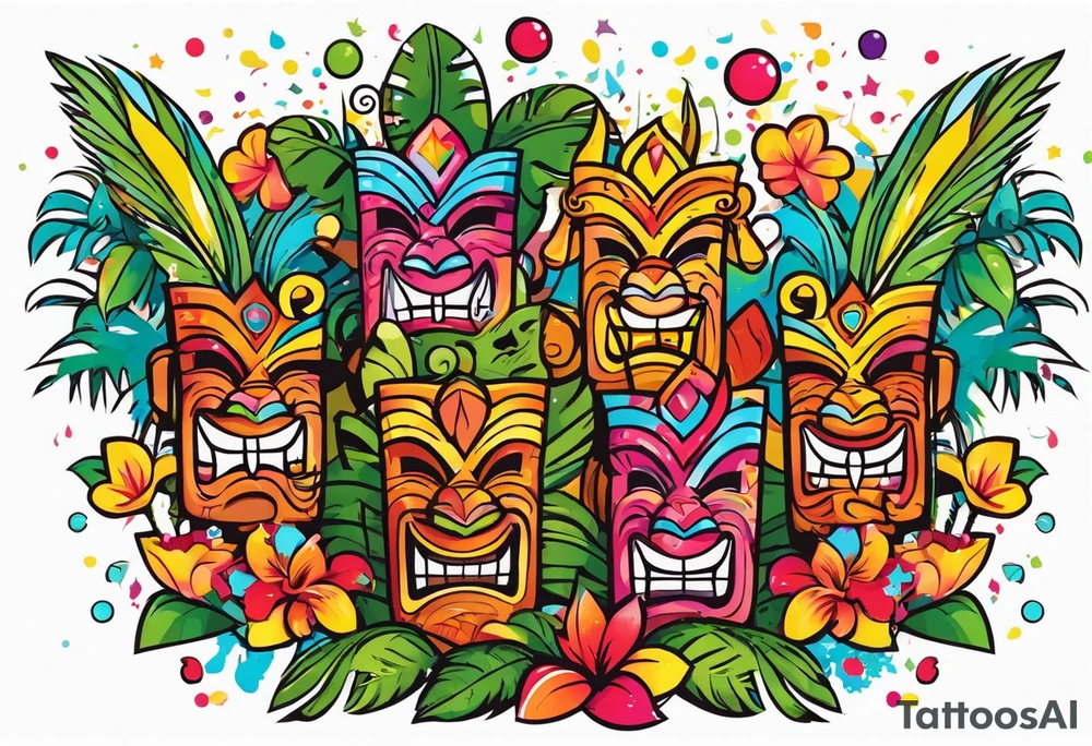 tiki party with dancing tiki guys and sexy tiki girls with music notes and confetti tattoo idea