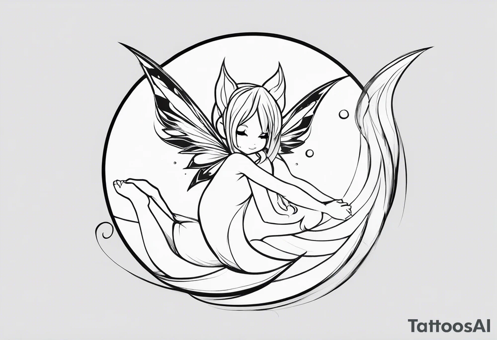 No color sketch of a fairy with a tail inspired by the guild symbol in the anime show called Fairy Tail in a fetal position leaning in and forward while crawled in hugging herself floating with hands a bit forward tattoo idea