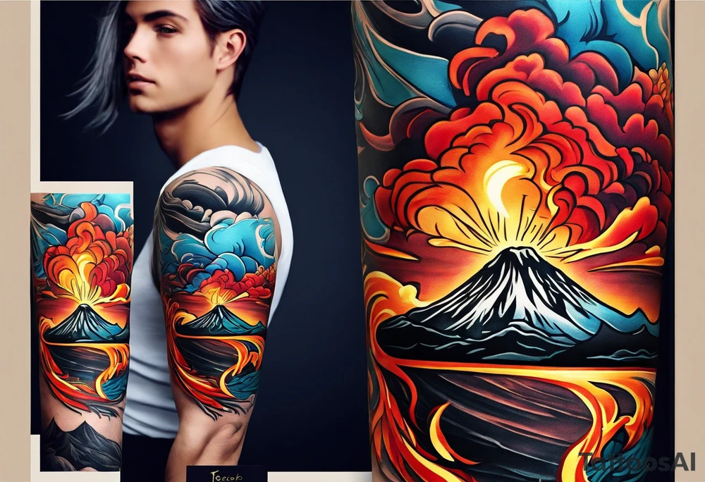 Draw a sketch of a volcanic eruption tattoo as a bracelet on the arm, in a realistic style with lava flowing from it, without a cartoon style and few colors tattoo idea