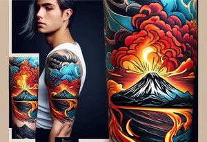 Draw a sketch of a volcanic eruption tattoo as a bracelet on the arm, in a realistic style with lava flowing from it, without a cartoon style and few colors tattoo idea