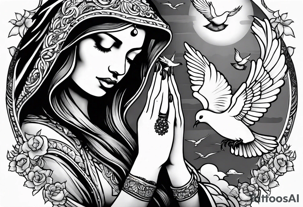 Woman praying hands with doves, full sleeve tattoo idea Woman praying hands with doves, full sleeve tattoo idea