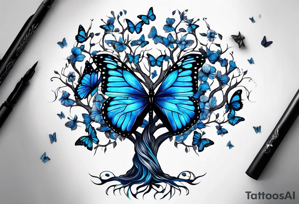 Tree of life with blue monarch butterflies tattoo idea