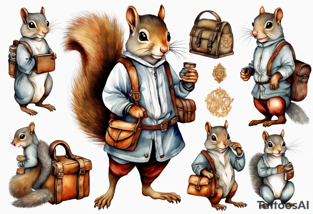 medieval grey squirrel with a large leather satchel tattoo idea