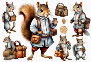 medieval grey squirrel with a large leather satchel tattoo idea