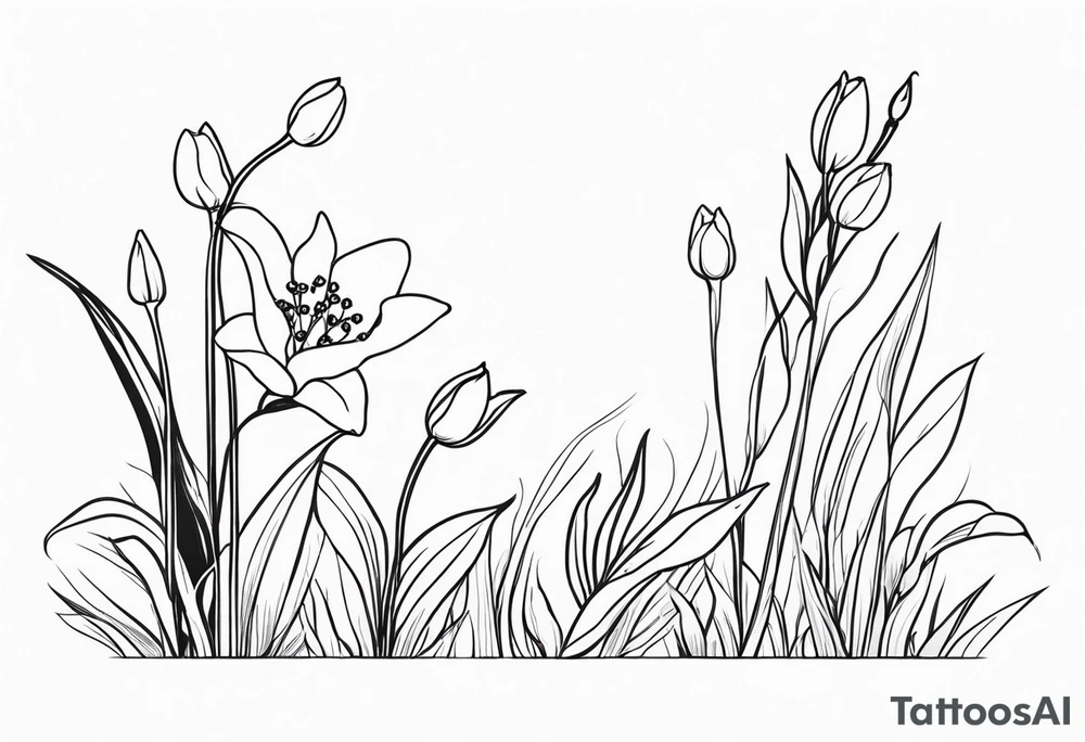 Lily of the valley stem, rose stem, greenery, tiny frog, tulips, grasses tattoo idea