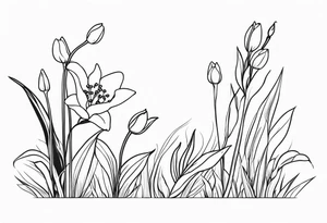 Lily of the valley stem, rose stem, greenery, tiny frog, tulips, grasses tattoo idea