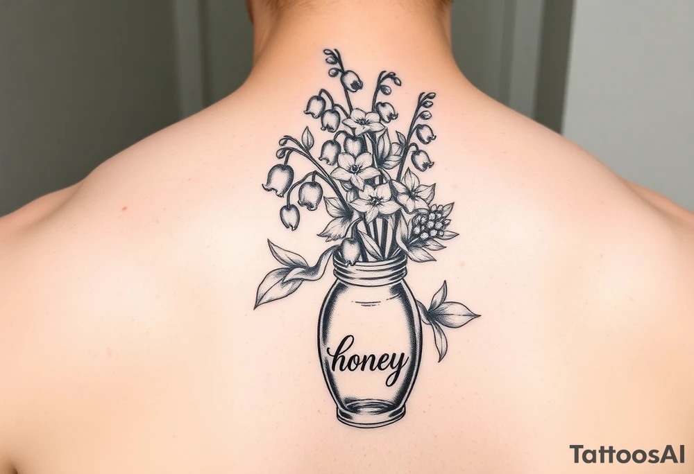 lily of the valley and hawthorn flowers in  vase that says 'honey' on it tattoo idea