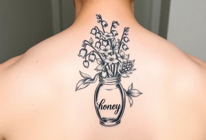 lily of the valley and hawthorn flowers in  vase that says 'honey' on it tattoo idea