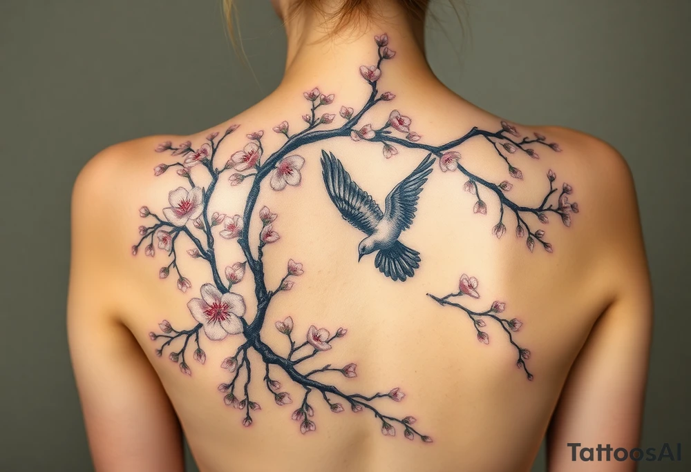 A big weeping, cherry blossom tree on the entire back, there are 2 doves. 1 is a flying into the sky. The second one is hovering above the ground that’s turning black like she stained with grief. Goth romance 
These are the dates I want dainty in the heavily overflow of weeping cherry blossom branches and leaves March 31, 2024 – July 2, 2024 tattoo idea