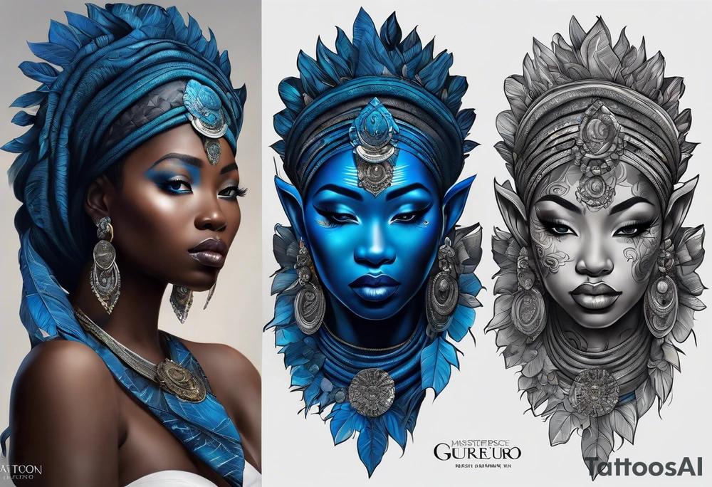 guerreiro Ogun africano realista de corpo inteiro em preto e cinza com tons de azul
 no fudo savana tattoo idea