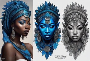 guerreiro Ogun africano realista de corpo inteiro em preto e cinza com tons de azul
 no fudo savana tattoo idea