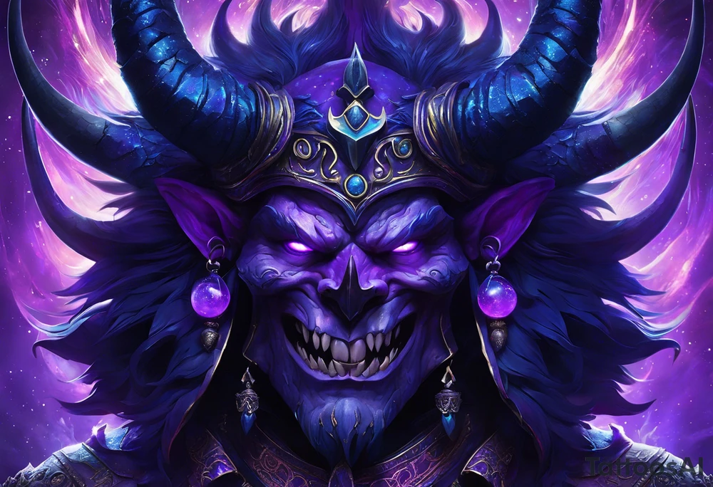 frontal bust of Dominant demonic and formidable face with royal king features, has a slight evil grin and a devil fang teeth, similar to skull features, framed by deep-set glowing galaxy eyes, head has crown of prominent purple deep blue flames (Not standalone horns) with intricate recognizable swirling galaxy and peacock feather textures.

face has intricate swirling biomechanical tattoo texture. prominent colours are blue, violet, deep purple, with orange highlights.

face has braids hanging with feathers at end. tattoo idea