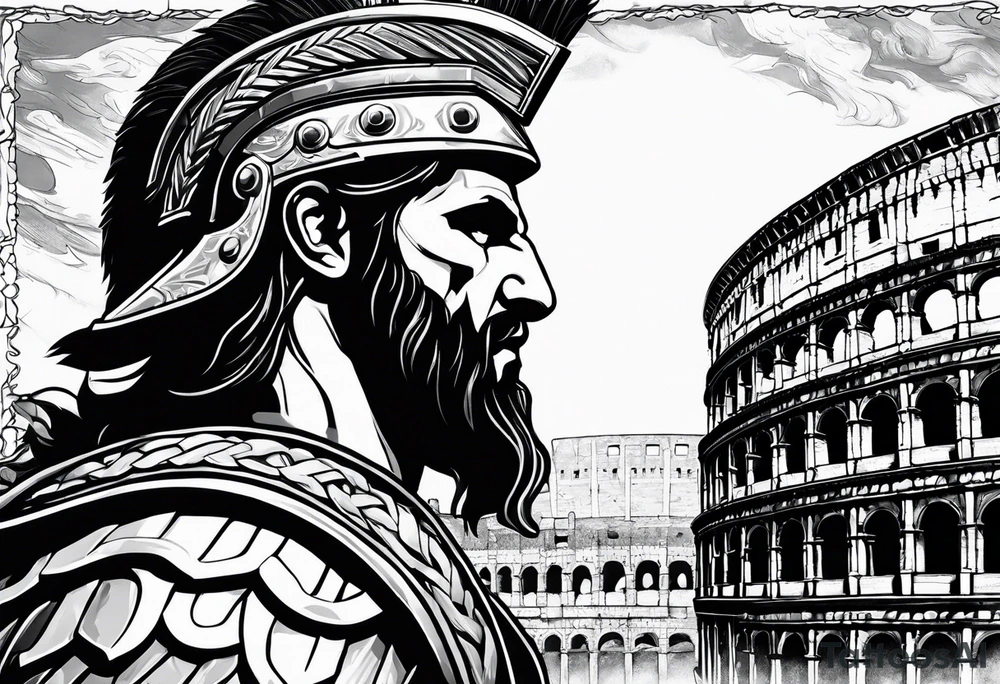 Side profile of spartan soilder looking at Roman colosseum tattoo idea