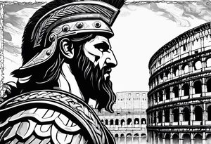 Side profile of spartan soilder looking at Roman colosseum tattoo idea