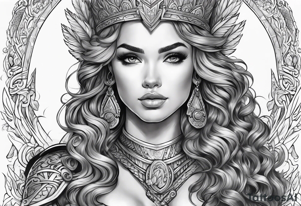 valkyrie curly hair princess half sleeve arm tattoo idea