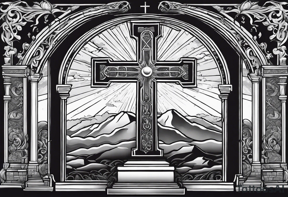 Tomb with cross and sun in the background tattoo idea