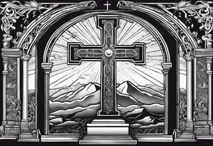 Tomb with cross and sun in the background tattoo idea