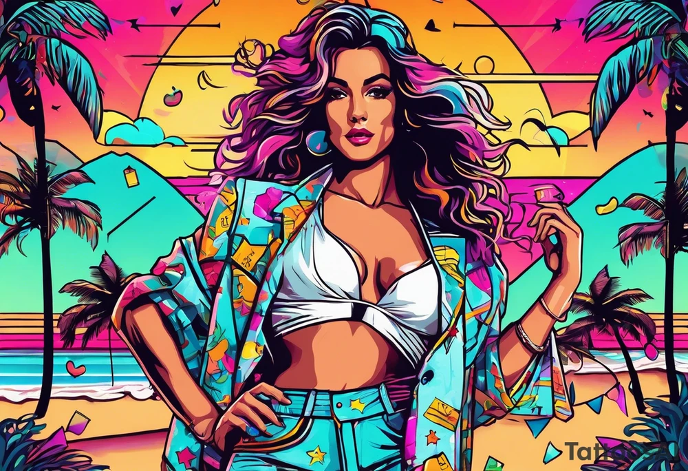 1980's miami vice style beach dance 
party, include confetti, music notes, boom box, bikinis sunset in the center tattoo idea