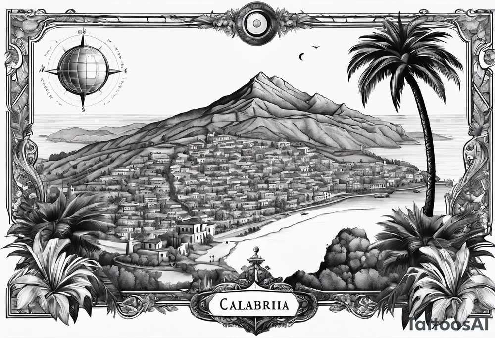 The Map of calabria with a compass sun and palm tree tattoo idea