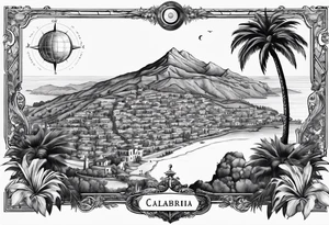 The Map of calabria with a compass sun and palm tree tattoo idea