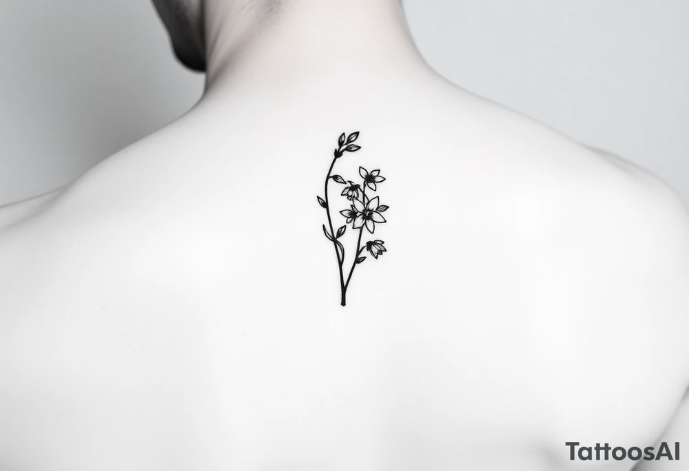 Coquis, stamp with daffodils, Lily of the valley, larkspur tattoo idea