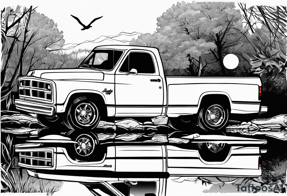 1996 2nd gen dodge ram 1500 single cab short bed in front of a pond with a sign that says gone fishing 
With a mansitting and fishing in the pond tattoo idea