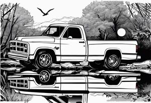 1996 2nd gen dodge ram 1500 single cab short bed in front of a pond with a sign that says gone fishing 
With a mansitting and fishing in the pond tattoo idea