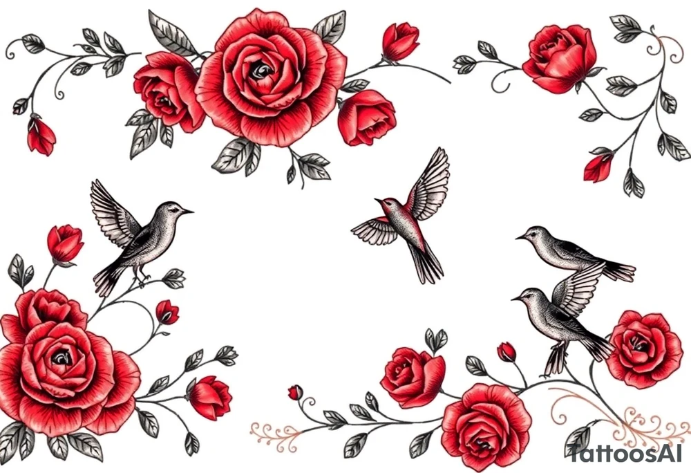 Vintage lace, red roses, red birds, vintage tattoo idea