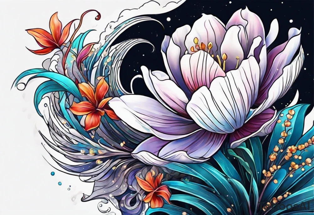 sea,, night, flower, palm, tattoo idea