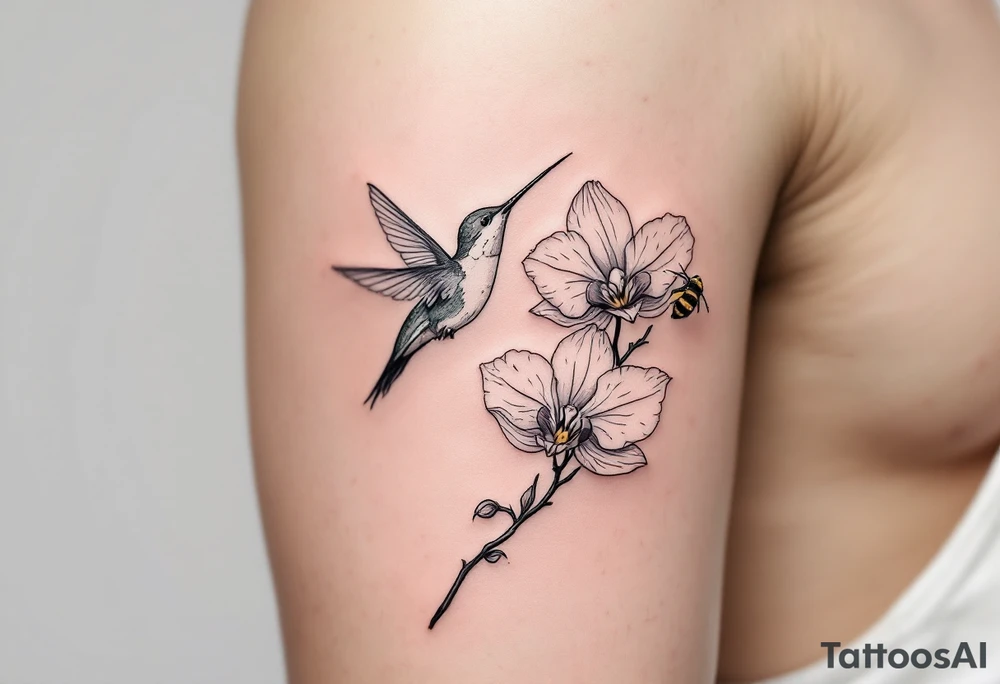 A delicate, black and white fine-line tattoo for male, featuring gracefully detailed 2 orchids in full bloom including their stems, with soft, intricate petals and elegant curves. Beside it, a hummingbird hovers mid-flight, its wings drawn with subtle motion lines, its slender beak reaching toward the orchid’s center to drink its nectar. on the other flower there is a bee that is resting tattoo idea