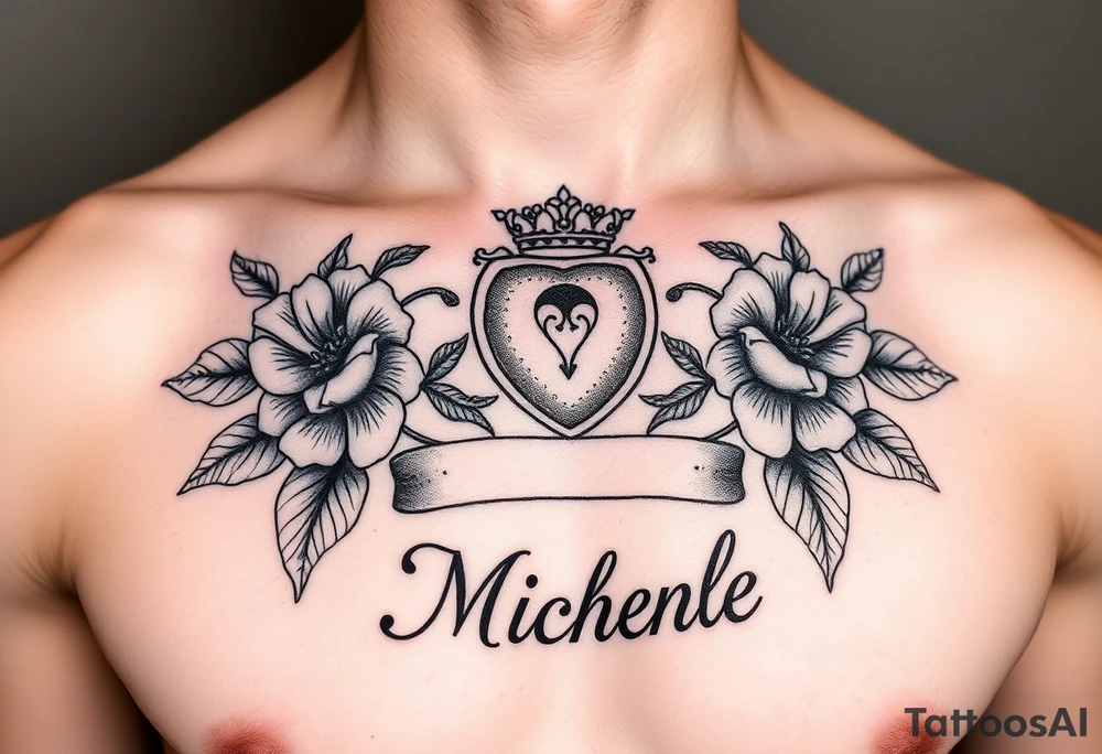 Claddagh with the name Michelle on the chest. Irish flowers tattoo idea
