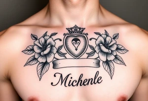 Claddagh with the name Michelle on the chest. Irish flowers tattoo idea