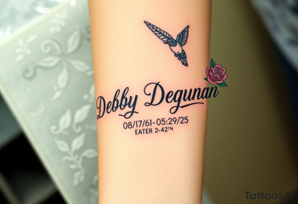 Tattoo of the exact name Debby Deguzman in chunky bold curly cursive with the exact dates of 08/17/61-05/29/25 surrounded by 1 hummingbird and 1 rose tattoo idea