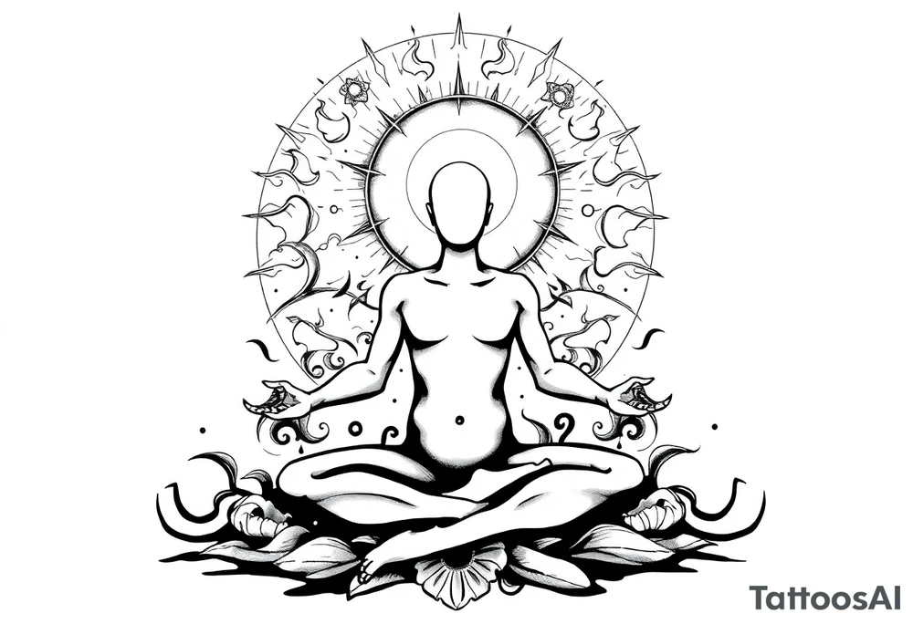 a figure - just a shadow /outline sitting in cross cross position meditating based on the lyrics “doing time in the universal mind” by the doors - with a psychedelic trippy background that correlates to TIME as the meditation expands out from his head into the universe / cosmos tattoo idea