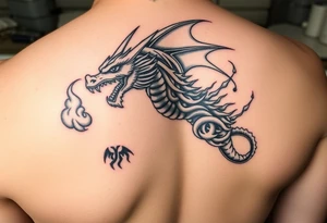 fierce dragon breathing iridescent fire against stormy skies tattoo idea