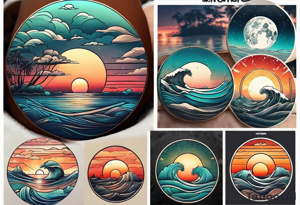 Round tattoo, inside sunset and ocean drawing with retro look tattoo idea