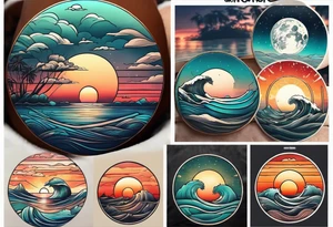 Round tattoo, inside sunset and ocean drawing with retro look tattoo idea