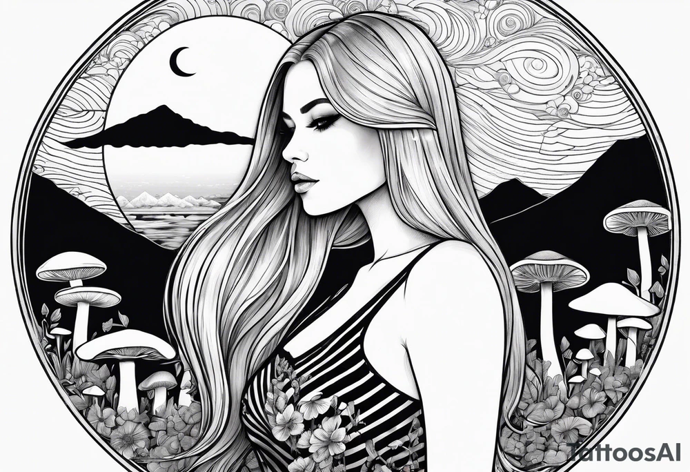 Straight blonde hair girl facing away toward mountains surrounded by mushrooms crescent moon circular design black and white striped dress tattoo idea