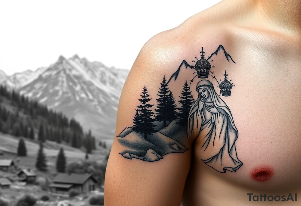 Mountainous valley with creek and a few trees with a Russian orthodox kazan scene covering my shoulder entering my upper arm with a Russian orthodox Virgin Mary tattoo idea