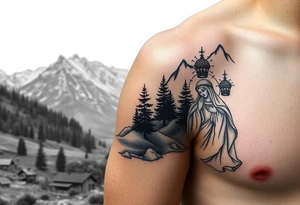 Mountainous valley with creek and a few trees with a Russian orthodox kazan scene covering my shoulder entering my upper arm with a Russian orthodox Virgin Mary tattoo idea