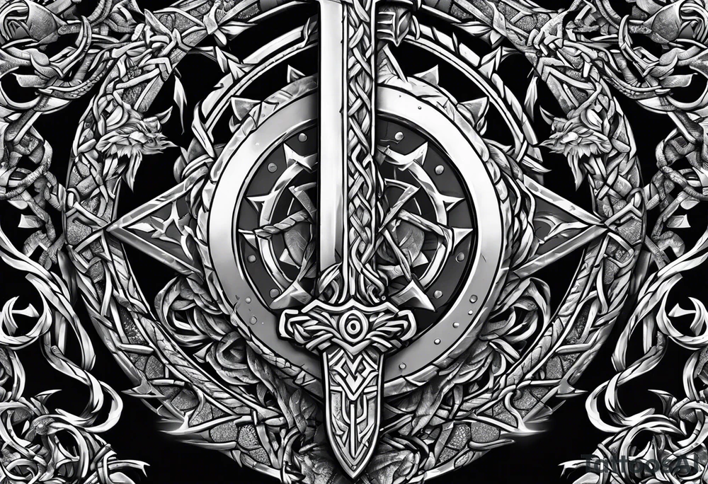 Valhalla sword shield dragon axe Valknut barbed wire chains tattoo idea