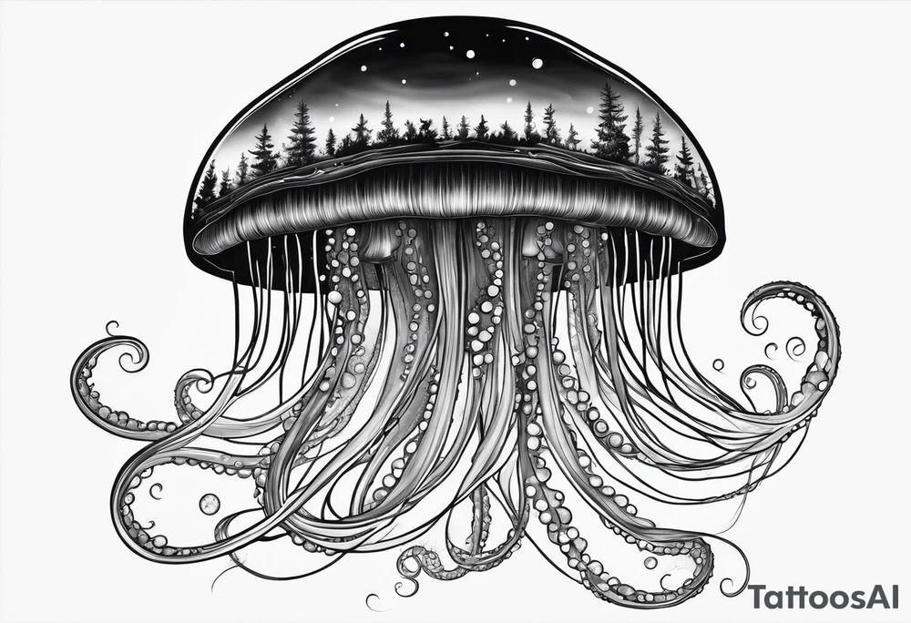 A galaxy inside a mystical jellyfish with long flowing tentacles. Not very wide tattoo idea