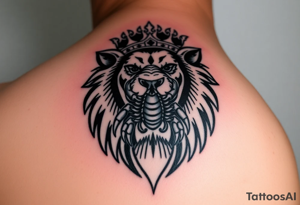a powerful and majestic lion with a crown and in the middle of this crown , a realistic scorpion, tattoo idea