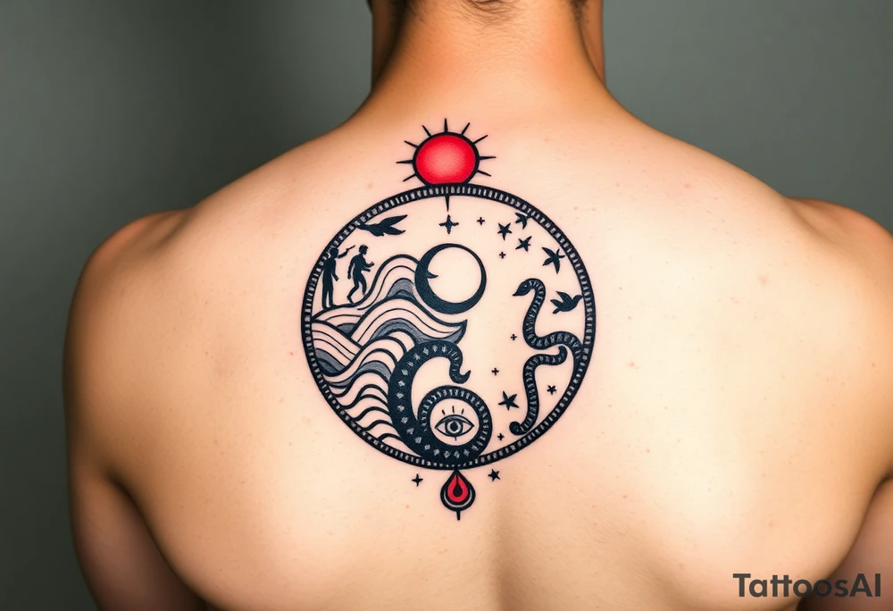 Circular Greek meander tattoo design for forearm, intricate black and red ink, symmetrical composition. Upper half (day): red sun with sharp rays, stylized running human silhouettes, geometric waves, flying birds. Lower half (night): black crescent moon, stars, ouroboros snake eating its tail, meditating figures. Hidden symbolic elements: small all-seeing eye, minimalist Tree of Life woven into the pattern. Stylized as ancient Greek pottery meets sacred geometry, high contrast line art, clean sharp lines, no shading, no background. Perfect tattoo stencil, mystical and balanced tattoo idea