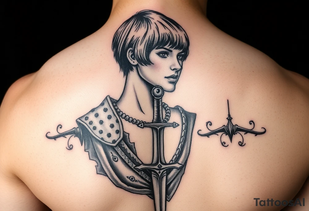 Joan of arc (with short hair and realistic) gothic style with a sword tattoo idea
