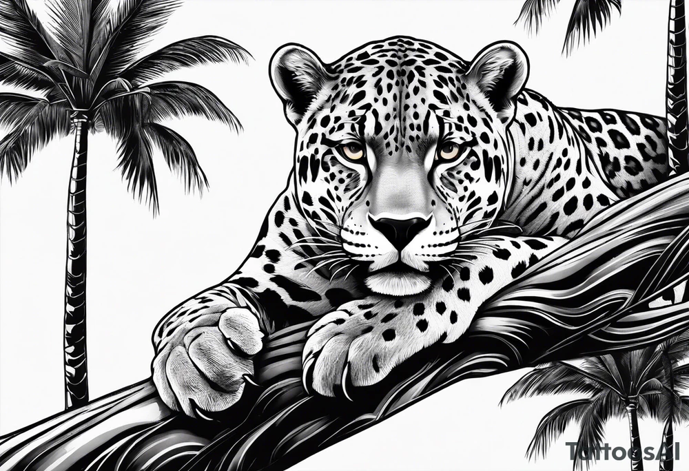 jaguar laying on palm tree tattoo idea