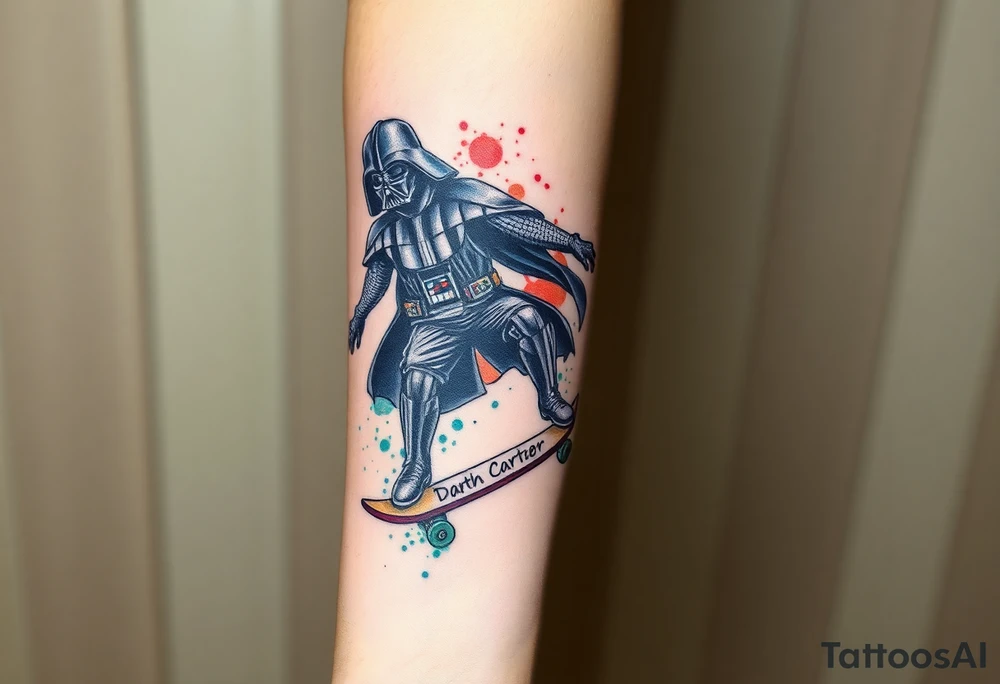 Darth Vader skateboarding > bullets > in loving memory > colors > god > futuristic 
add words "Darth Carter" on skateboard
add date 12/29/88-01/06/24 tattoo idea